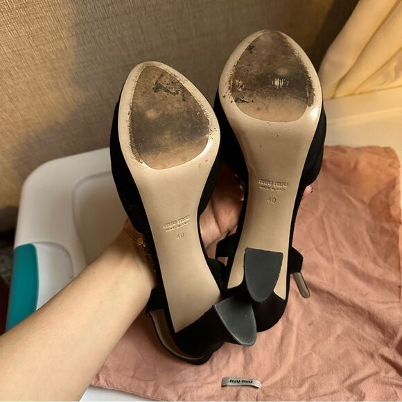 Miu Miu Black Suede Bow Peep-Toe Sandals - Picture 10 of 10